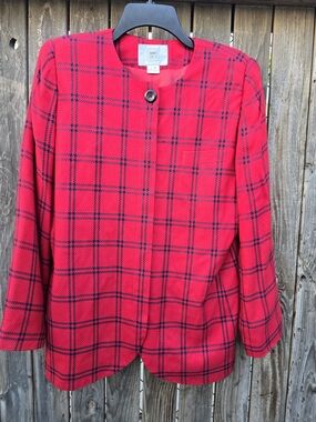 Amanda Smith Red Plaid Collarless Jacket Blaze Size 12